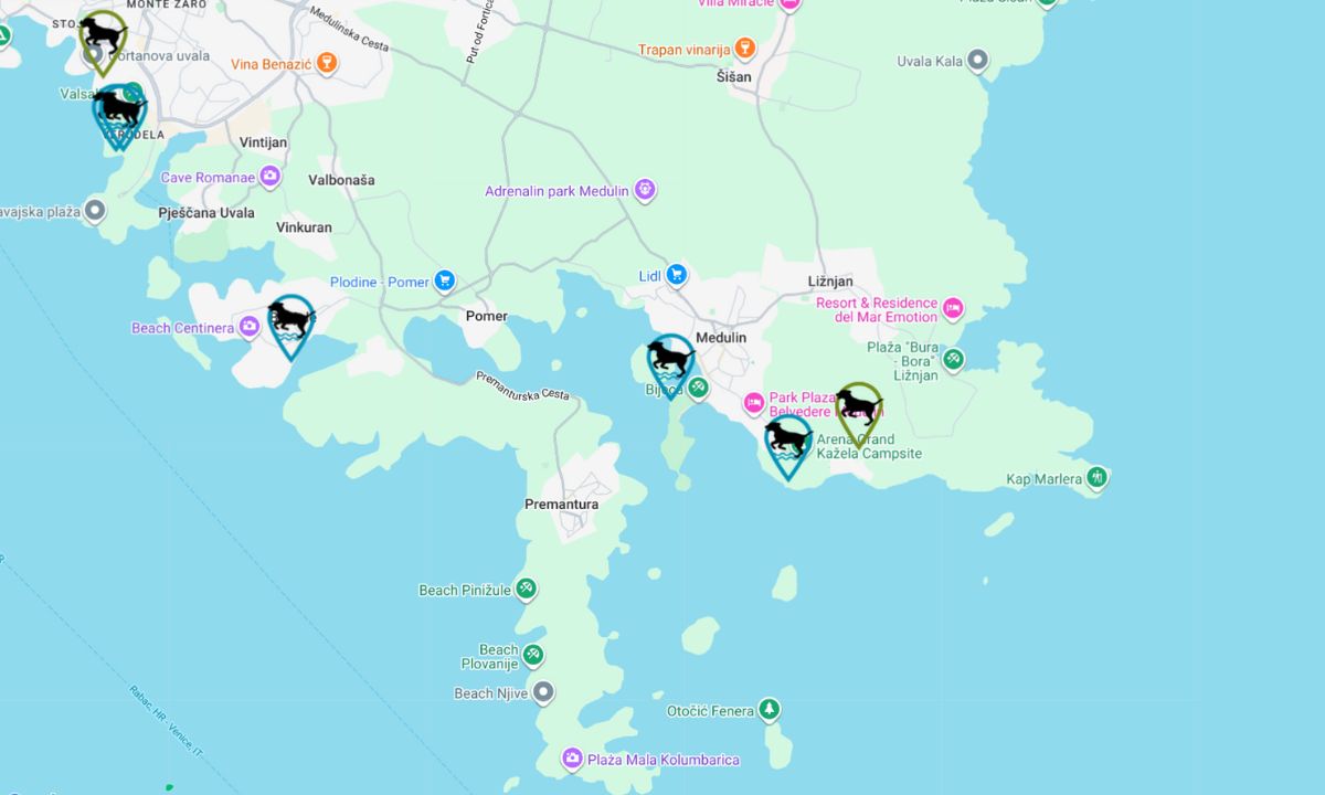 Karte mit Hundestrände Medulin